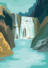 Beautiful waterfall landscape. Vector illustration in cartoon style.