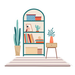 Shelf stand, cabinet with books and storage boxes, side table with drawer and flowers and vase, striped carpet and potted cactus, flat style vector illustration isolated on white background