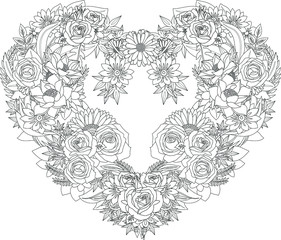 heart flowers rose love valentine lace pattern lined doodle coloring book page black and white background art therapy relax psychology

