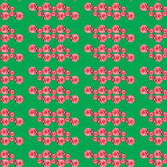 Colorful repetitive pink roses on a green background