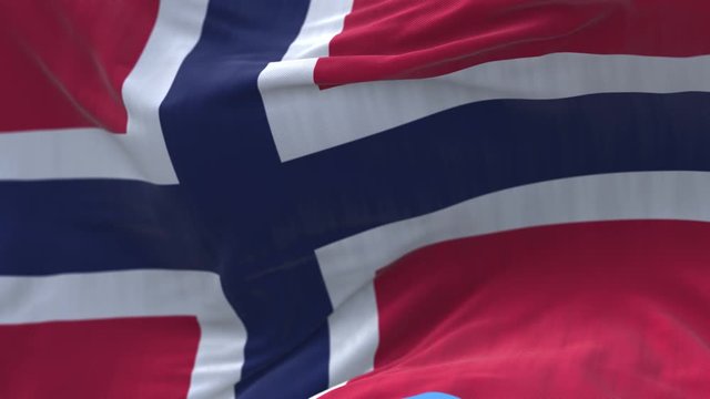 4k Norway National flag slow loop seamless waving with visible wrinkles in wind blue sky background.A fully digital rendering;animation loops at 20 seconds.