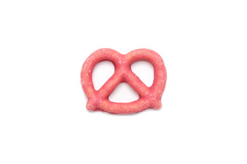 Pretzel biscuit with strawberry cream coated on white background.
