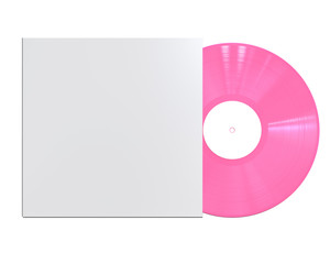Pink Colored Vinyl Disc Mock Up. Vintage LP Vinyl Record with Cover Sleeve Isolated on White Background. 3D Render.