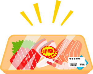 Obraz premium 半額シールが貼られた刺身のパック