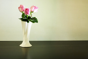 Three pink roses in classic vase on white background