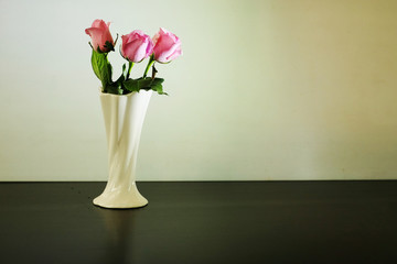 Three pink roses in vase on white background