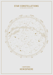 Northern hemisphere. High detailed star map of vector constellations. Astrological celestial map with symbols and signs of zodiac