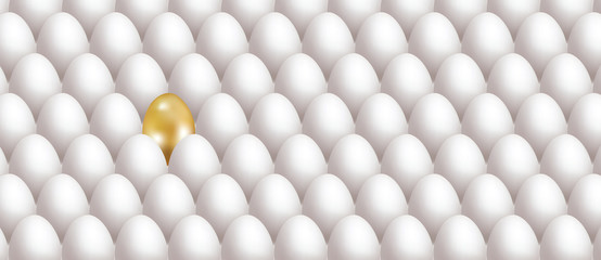 Religious Easter Background with one Golden egg decoration among white eggs. Easter Holiday banner with realistic 3d eggs. Vector