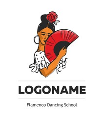 Flamenco dance school logo with woman with a fan in her hands and a rose in her head hand-drawn on whate background. Banner template spanish symbol. Flat cartoon vector illustration.