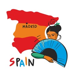 Fototapeta premium Spanish girl with a fan in her hand and a rose on her head on the background of the map of Spain. Concept of Spanish characters drawn. Elements for travel guides. Flat cartoon vector illustration.
