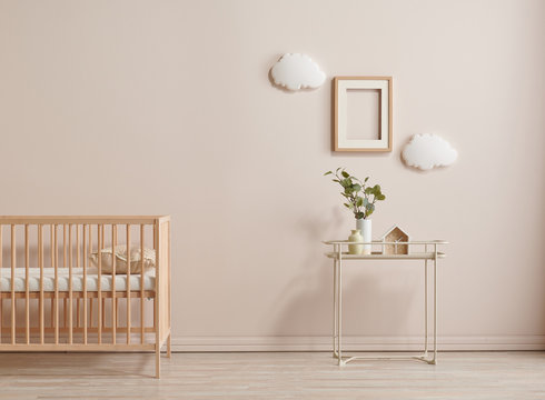 Wooden baby room furniture bed and crib, sun and cloud toys and frame style.