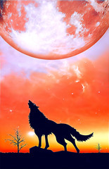 Fantasy landscape for e book cover - Howling wolf silhouette with huge planet rising in unreal sky...