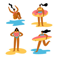 Vector summertime illustration. People on the beach. Girls activities in sea or ocean. Female Characters set isolated on white background.