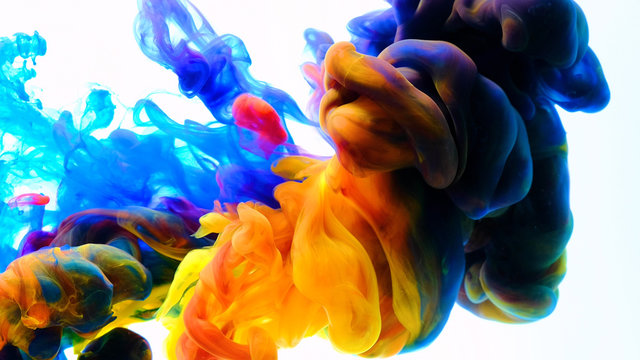 Color drops in water , abstract color mix , drop of Ink color mix paint falling on water Colorful ink in water, 