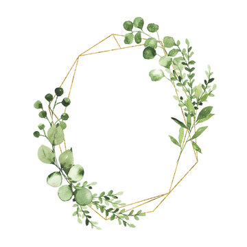 Fototapeta Watercolor gold geometrical wreath with greenery leaves branch twig plant herb flora isolated on white background. Botanical spring summer leaf decorative illustration for wedding invitation card