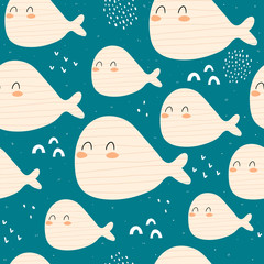 Seamless pattern with cartoon whales, decor elements on a neutral background. Colorful vector for kids, flat style. Hand drawing, animals. sea life. Baby design for fabric, textile, print, wrapper