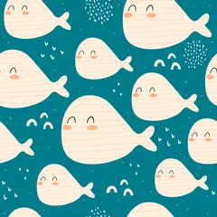 Wallpaper murals Sea animals Seamless pattern with cartoon whales, decor elements on a neutral background. Colorful vector for kids, flat style. Hand drawing, animals. sea life. Baby design for fabric, textile, print, wrapper