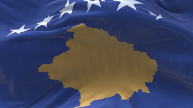 4k Kosovo National flag slow loop seamless waving with visible wrinkles in wind blue sky background.A fully digital rendering;animation loops at 20 seconds.