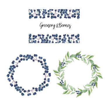 Watercolor set of wreaths and frames with greens and berries on a white background for wedding decoration.