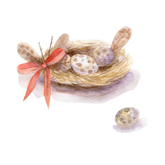 Easter spring watercolor illustration of a bird's nest with brown eggs, branches, and feathers. Invitation card, postcard, background.