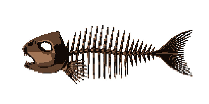 Pixelated Fish skeleton. Pixel Art 3d Vector illustration. Isolated on white background.