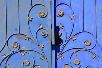 Detail of blue weathered metal gate with plant like ornaments and rusty spots.