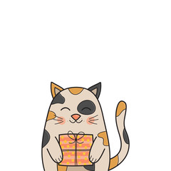 Funny birthday cat vector illustration. Hand drawn greeting card with cute calico kitten holding gift. Isolated.