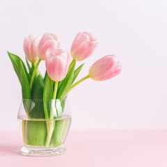 Tender pink tulips in a vase. Greeting card for Mother's day.