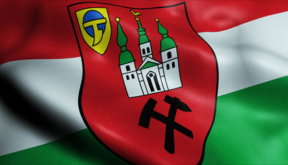 3D Waving Germany City Coat of Arms Flag of Kamp Lintfort Closeup View