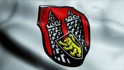 3D Waving Germany City Coat of Arms Flag of Hof Closeup View