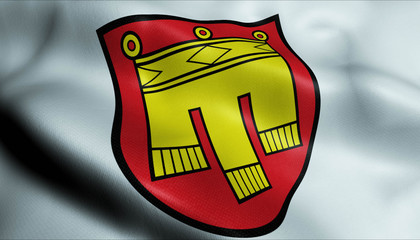 3D Waving Germany City Coat of Arms Flag of Herrenberg Closeup View
