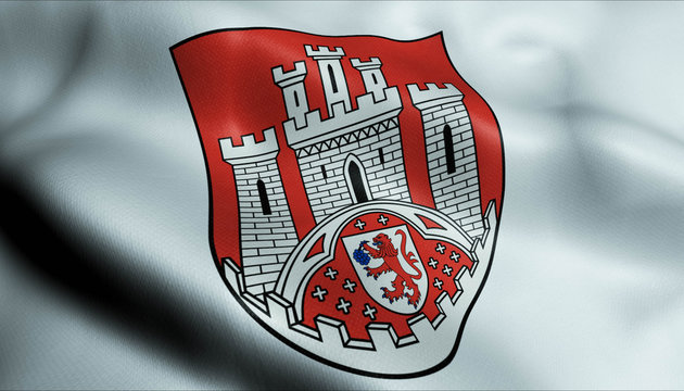 3D Waving Germany City Coat of Arms Flag of Hennef Closeup View