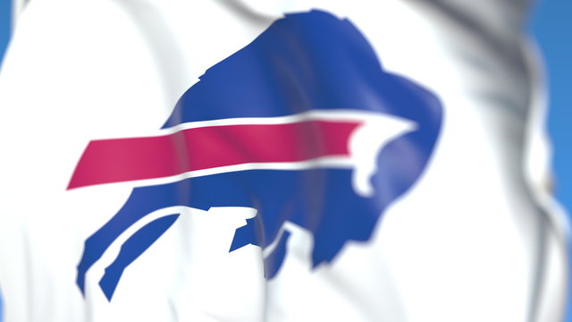 Flying Flag With Buffalo Bills Team Logo, Close-up. Editorial 3D Rendering