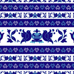 European Traditional Seamless Vector Pattern with Ornaments, Flowers and Birds, Slovakian Folk Design Repetitive in white and  blue color. Retro Floral background inspired by Slovakian Village Cicmany