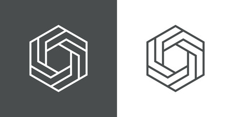 Icono lineal hexágono tridimensional en perspectiva imposible en fondo gris y fondo blanco © teracreonte