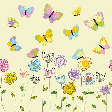 Spring floral background with doodle flowers and butterflies