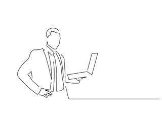 Fototapeta na wymiar Man using a laptop isolated line drawing, vector illustration design. Technology collection.