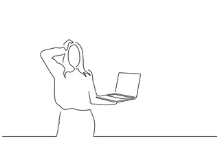 Woman using a laptop isolated line drawing, vector illustration design. Technology collection.