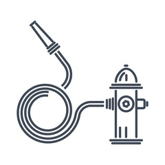 Thin line icon fire hydrant with water hose and nozzle
