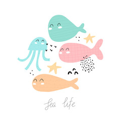 Fototapeta na wymiar sea life. cartoon whales, octopus, starfish, hand drawing lettering, decor elements. flat style, colorful vector for kids. baby design for cards, poster decoration, t-shirt print
