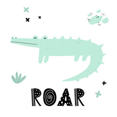 Vector color hand-drawn children’s illustration, print, card with a cute green crocodile and lettering Roar in Scandinavian style on a white background. Cute baby animals. Baby print. Reptile.