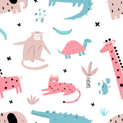 Vector seamless repeating color hand-drawn children pattern with african animals in scandinavian style on a white background. Seamless pattern with crocodile, monkey, giraffe, turtle and leopard.