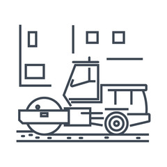 Thin line icon road roller compact soil, gravel, asphalt