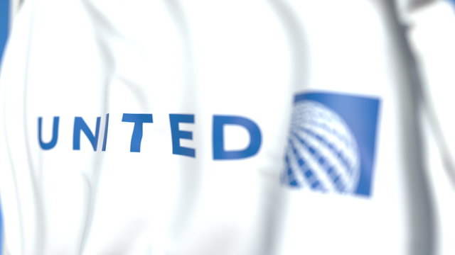 Waving Flag With United Airlines Logo, Close-up. Editorial 3D Rendering