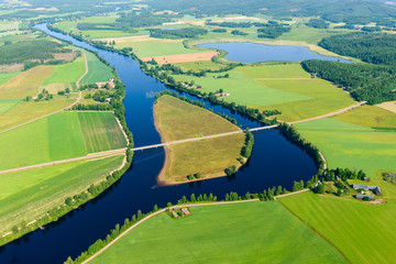 Aerial view of fields and river, Dalälven, Sweden