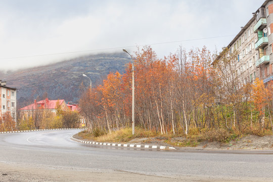 Street of the city of Kirovsk. North of Russia. Murmansk region