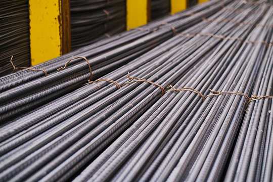 Steel rods or bars used to reinforce concrete, closeup