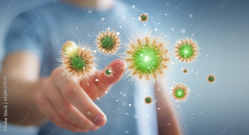 Poster Man analyzing bacteria on microscopic close-up 3D rendering