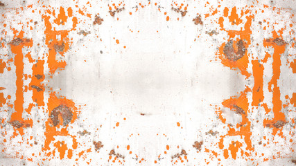 Rusty abstract white orange painted scratched peeled exfoliated metal texture, with space for text