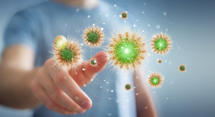 Man analyzing bacteria on microscopic close-up 3D rendering